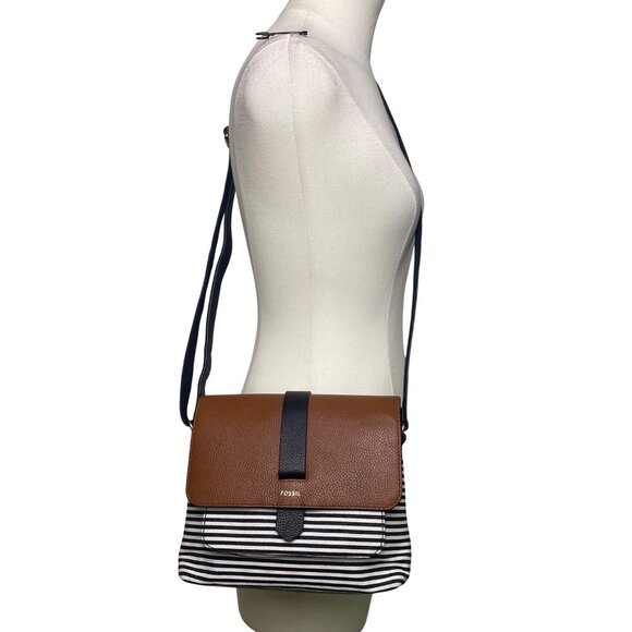 Fossil Women’s Brown Leather Black & White Striped Canvas Crossbody Bag - Picture 9 of 16